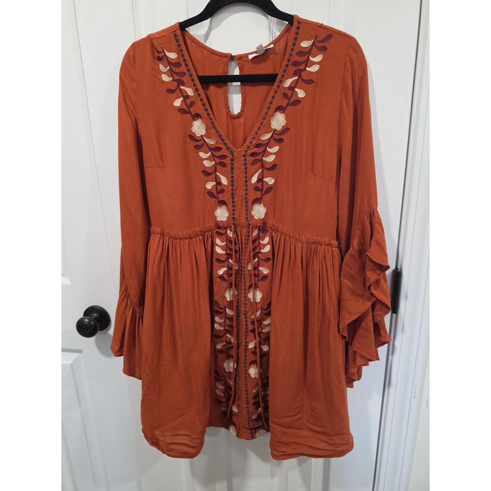 JODIFL Rust Orange Embroidered Babydoll Tunic Dress Ruffle Bell Sleeve Large